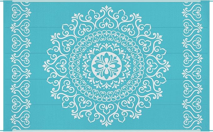 Pauwer Waterproof Outdoor Rug 5x8, Reversible Plastic Straw Patio Camping Rug, Indoor Outdoor RV Mat Carpet for Deck, Camper, Porch, Balcony, Backyard, Picnic, Floral Teal
