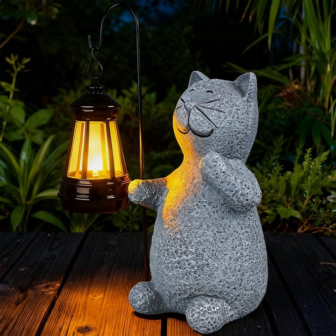 Solar Cat Garden Decor Outdoor Statues, Yard Art Lawn Ornaments, Outside Figurines Decorations for Home Patio Porch Balcony, Housewarming Gifts for Cat Lover (One Pack)