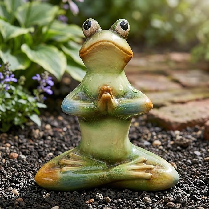 Topadorn Ceramic Yoga Frog Statue, Frog Sitting Sculptures for Office, Garden Decorative Ornaments