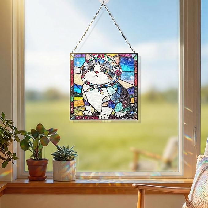 Cat Stained Glass Window Hanging, 7.9" Square Suncatcher with Chain Suction Cup, Cute Kitten Sun Catchers Indoor Window, Colorful Cat Decor for Wall, Porch, Birthday, Tuxedo Cat