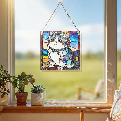 Cat Stained Glass Window Hanging, 7.9" Square Suncatcher with Chain Suction Cup, Cute Kitten Sun Catchers Indoor Window, Colorful Cat Decor for Wall, Porch, Birthday, Tuxedo Cat