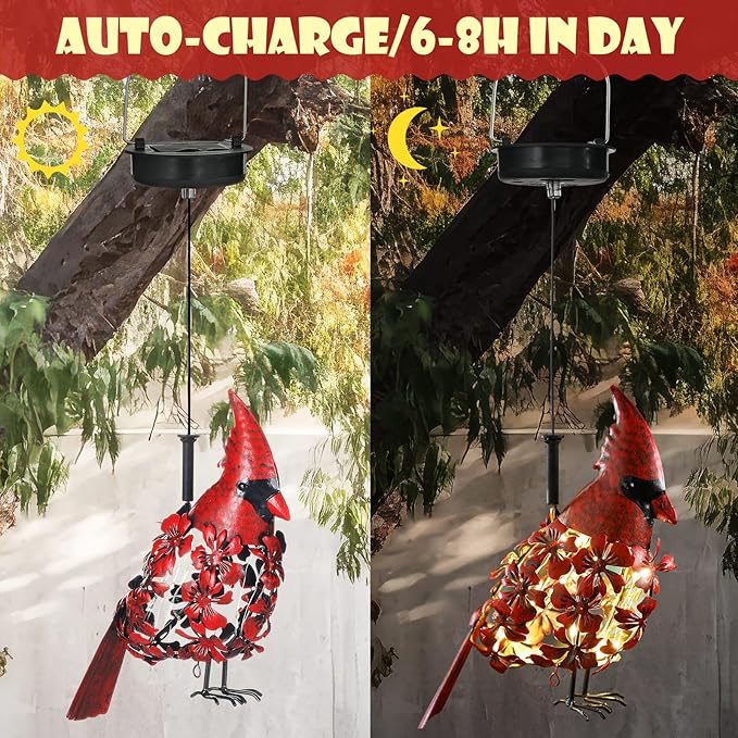 Glooglitter Cardinal Solar Lights Hanging Decoration Garden Outdoor Decor Metal Gifts Waterproof for Yard Front Porch Lawn Driveway Patio Backyard Pathway Gardening Lanterns Gift