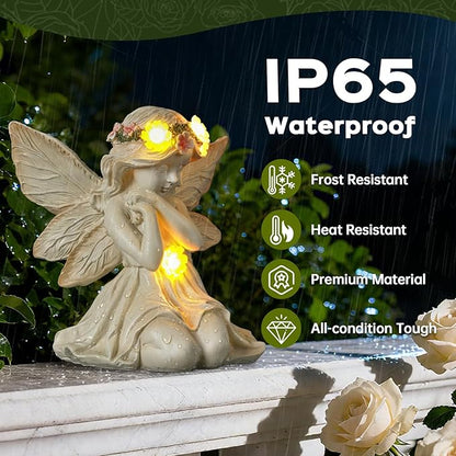 Solar Angel Garden Statue Outdoor Decor, Angel Figurines with Garland Flower Light, Cemetery Decoration for Grave, Yard, Patio, Balcony, House Warming Birthday Gifts for Women, Mom, Grandma