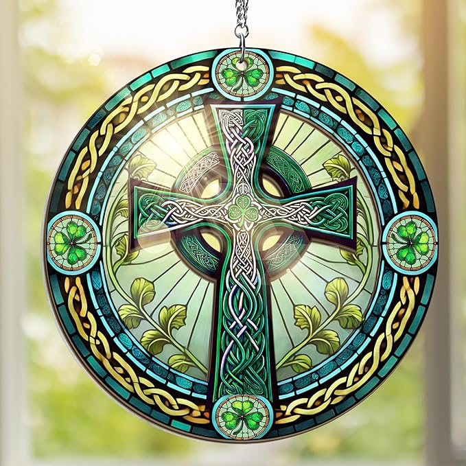 FLAGWIX St Patricks Day Decorations - Saint Patricks Day Decor, Double Layered Hanging Suncatcher 12 inch, Shamrock Celtic Cross for Home Window Garden - Irish Gifts for Men Women Friends Family