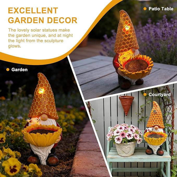 Sunflower Gnome Statue with Solar LED Lights, Solar Powered Garden Gnome for Outdoor Decor, Auto On/Off Waterproof Yard, Patio, Lawn Ornament, Unique Gift for Mother’s Day & Housewarming