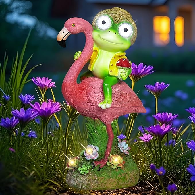 Solar Garden Statue, Whimsical Frog Riding Flamingo Outdoor Decor with Glowing LED Eyes, IP65 Waterproof Resin Lawn Ornament for Patio Yard Balcony, Unique Housewarming Gift for Mom Grandma Women