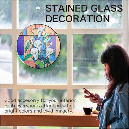 Hanway Suncatcher in Colorful Stained Glass 12" Dia - Genuine Brightly Colored Glass, Protective Metal Edge, Ready to Use Hanging Chain, for Window, Garden (Alocasia)