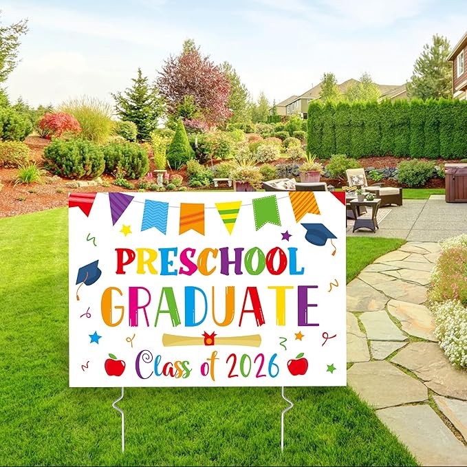 Preschool Grad Yard Sign - Class of 2026 Kindergarten Graduate Lawn Sign with Stake School Congrats Graduation Decorations Colorful Graduation Party Favors Supplies Outdoor Photo Booth Props for Kids