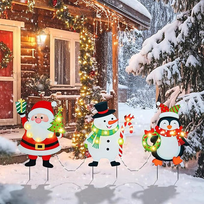 WONDER GARDEN Christmas Yard Stakes, 3 PCS LED Light Xmas Yard Signs with Santa Claus, Snowman, Penguin Christmas Yard Decorations for Lawn Party Decorations