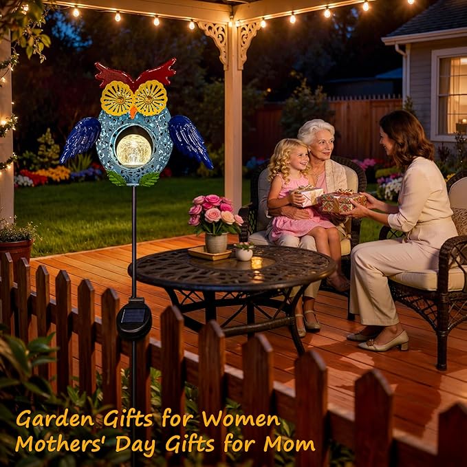 Go2garden Solar Owl Garden Gifts Lights Outdoor, 3D Waterproof Colorful Yard Art Decor with Stakes for Pathway Sidewalk Ornaments, Birthday Garden Gifts for Mom Women(1Pack)