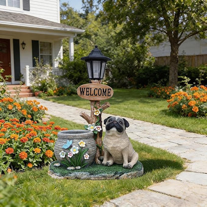 Solar Garden Statue with Planter & Solar Lantern, Outdoor Resin Animal Sculpture, Waterproof Yard Lawn Decor Pot for Succulents, Front Porch Ornament Housewarming Gift (Pug)