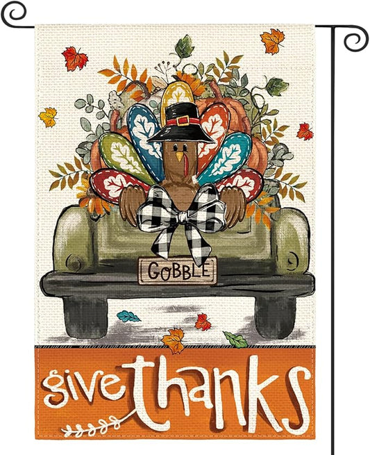 AVOIN colorlife Give Thanks Thanksgiving Garden Flag 12x18 Inch Double Sided Outside, Gobble Turkey Truck Rustic Yard Outdoor Flag