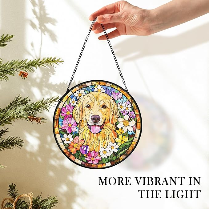 Golden Retriever Dog Suncatcher Stained Glass Window Hanging Decor Ornaments, Golden Retriever Dog Memorial Sun Catchers Wall Art Gifts, Floral Flower Garden Stained Glass Decor, 7.9x7.9In