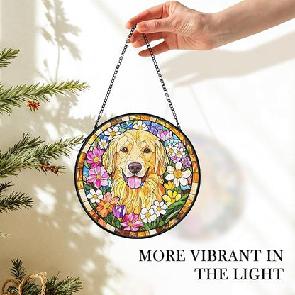 Golden Retriever Dog Suncatcher Stained Glass Window Hanging Decor Ornaments, Golden Retriever Dog Memorial Sun Catchers Wall Art Gifts, Floral Flower Garden Stained Glass Decor, 7.9x7.9In