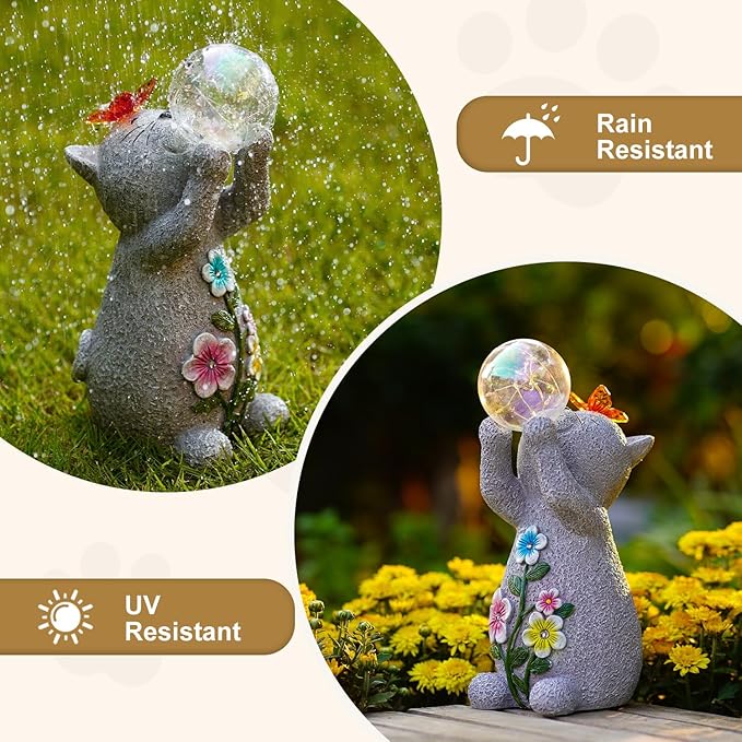 Solar Cat Outdoor Garden Statues : Outside Decor with Lights Clearance for Yard Art Lawn Ornaments Porch Patio Balcony Home House - Birthday Gifts for Grandma Mom Women