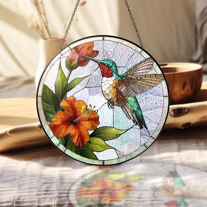 7.8" Green Hummingbird Stained Glass Suncatchers Art Glass Bird and Flowers for Sun Catcher Indoor Window Gift for Pet Animal Nature Floral Lovers Women Mom Friend Painted Panel Décor BIRD-01B-SG8