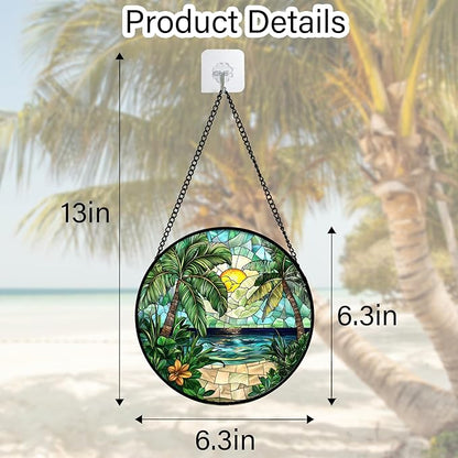 DASTOLL Stained Glass Window Hanging, Green Beach Scenery Suncatcher Diamond Glass Panel Hangings Sun Catchers Decor for Birthday for Women, Men, Wife, Aunt, and Mom 6.3 in