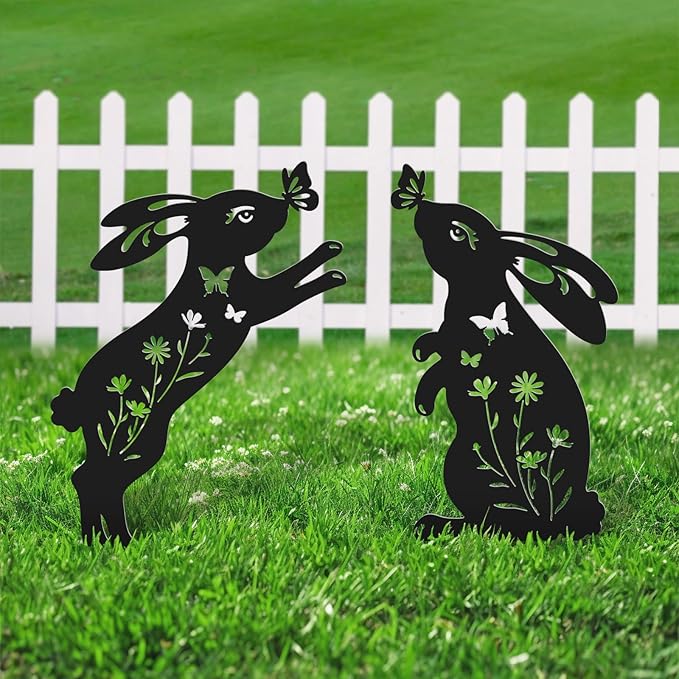 Easter Decorations Outdoor,2 Pack Metal Silhouette Bunny Garden Decor,Rabbit Yard Art Stakes for Yard,Lawn,Patio,Easter Gifts for Women