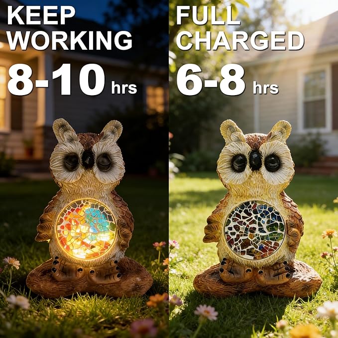 Solar Owl Garden Statues Decor for Outdoor, Brown Yoga Owl Figurine Lights for Lawn Patio Yard Decoration - Unique Christmas Housewarming Gift for Grandma Wowen Mom