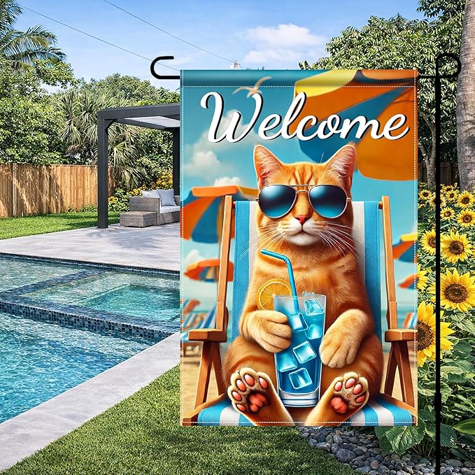 HOMETITUTE Hello Summer Beach Orange Cat Garden Flag 12×18 Inch Double Sided Summer Coastal Seasonal Tropical Pool Yard Flag Summer Cat Garden Flags Tropical Ocean Sea Outside Outdoor House Decoration