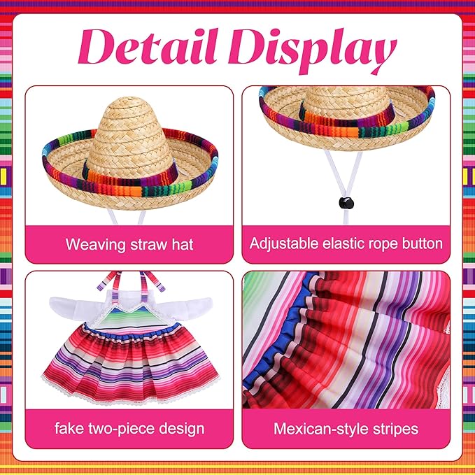 Watayo 2 Pcs/Set Mexican Porch Goose Outfits, Lawn Goose Clothing Costume for Cinco De Mayo, Garden Goose Clothes Striped Dress Mexican Sombrero for 23" High Statue Outdoor Patio Yard Decor (B Style)