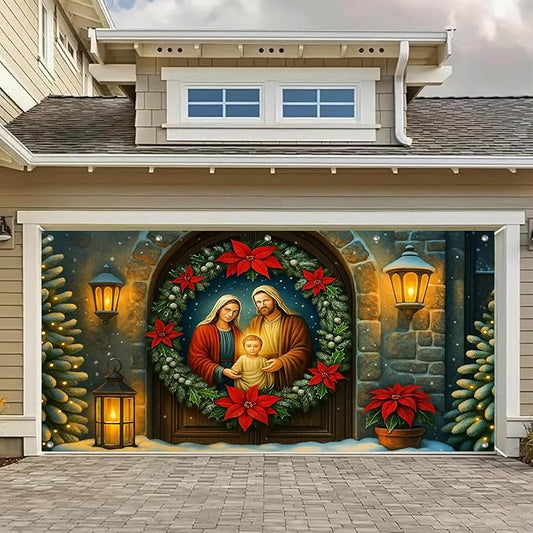 HOMETITUTE 13x6ft Holy Family Garage Door Banner Nativity Christmas Baby Jesus Mary Joseph Polyester Large Outdoor Decoration for Holiday Party Winter Yard Home School Church Community
