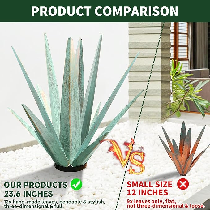KODIBO Large Tequila Rustic Sculpture, Rustic Metal Agave Plants for Outdoor Patio Yard, Home Decor Hand Painted Metal Agave Garden Yard Statue, Outdoor Lawn Ornaments (Dark Blue - L (W/Solar Light))