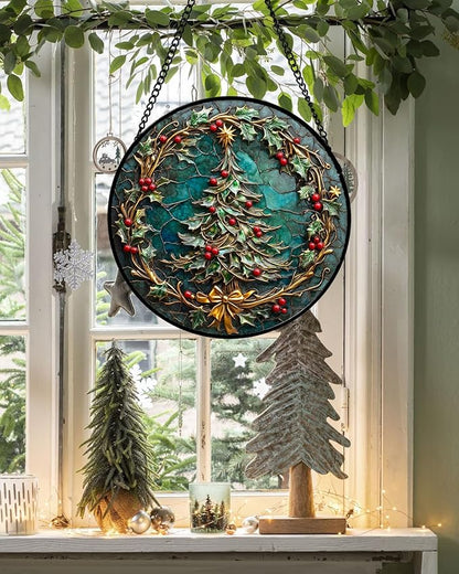 DASTOLL Stained Glass Window Hangings - Red Gold Green Wreath Suncatcher for Door Home Christmas Tree Decoration Sun Catcher Thanksgiving New Year Birthday Gift for Women Men Mom Grandma 6.3 in