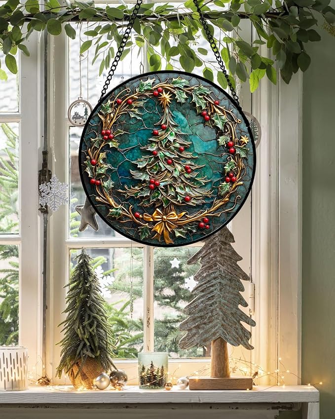 DASTOLL Stained Glass Window Hangings - Red Gold Green Wreath Suncatcher for Door Home Christmas Tree Decoration Sun Catcher Thanksgiving New Year Birthday Gift for Women Men Mom Grandma 9.8 in