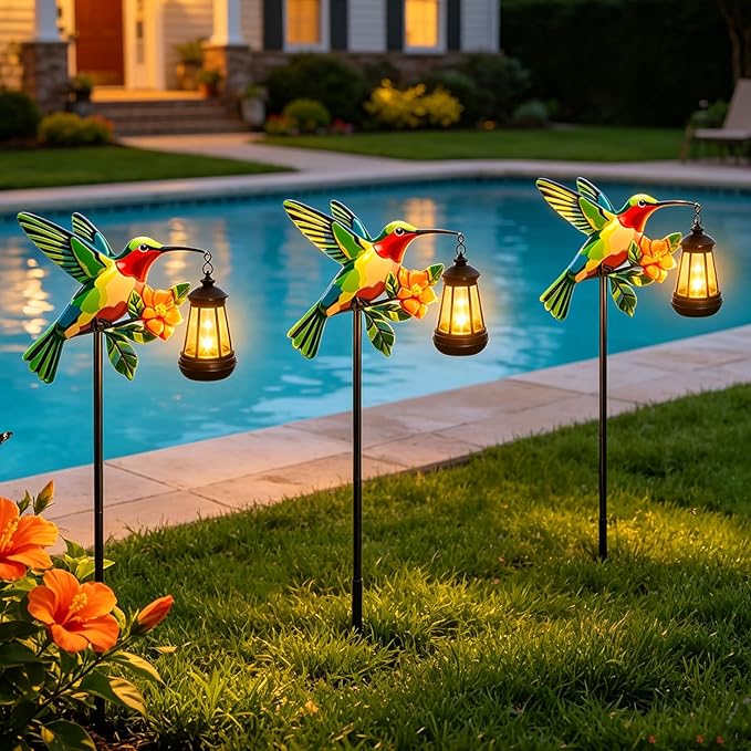 2 Pack Solar Garden Statue Figurine with Solar Lanterns Outdoor Waterproof, Green Hummingbird Hanging Solar Light, Solar Path Light Yard Art, Outside Patio Garden Decor Best Gift for Mom Grandma Women