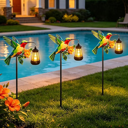 2 Pack Solar Garden Statue Figurine with Solar Lanterns Outdoor Waterproof, Green Hummingbird Hanging Solar Light, Solar Path Light Yard Art, Outside Patio Garden Decor Best Gift for Mom Grandma Women