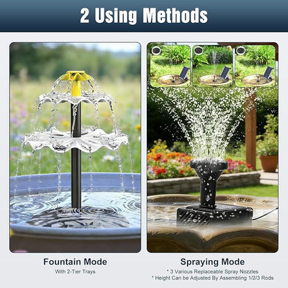 3-Tier Solar Fountain for Bird Bath, Solar Water Pump Waterfall Feature with Colorful Light 3 Nozzles 6W Solar Panel for Bird Bath, Yard Garden Decoration Garden, Outdoor Bird Feeder