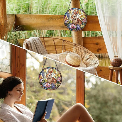 Spring Easter Bunny Rabbit Suncatcher Stained Glass Window Hanging Wall Decorations Decor, Easter Bunny Gifts for Women, Spring Floral Sun Catchers Garden Window Hanging Wall Art, 7.9x7.9Inch