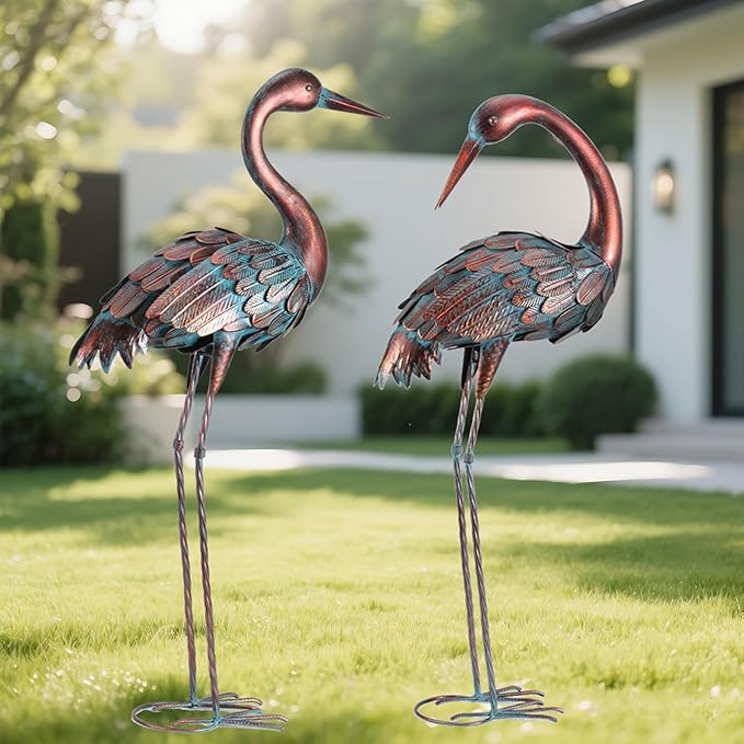 chisheen Crane Garden Statues Outdoor Yard Decorations Metal Heron Yard Art Bird Sculpture Decor for Outside Lawn Patio Large Size, for Women Mom,Set of 2