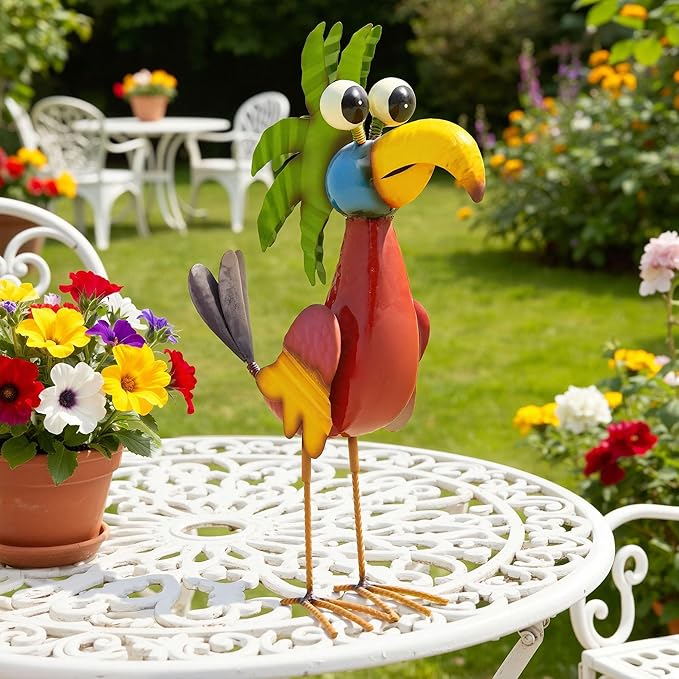 19.7" Unique Cartoon Tiki Bird Decor, Handcrafted Large Parrot Sculpture with Ground Stake, Weatherproof Metal Yard Art for Patio, Lawn, Balcony or Indoor Home Decor, Ideal for Parties & Gifts