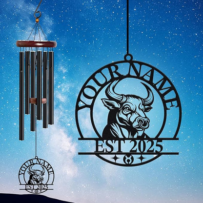 Personalized Customize Name 12 Zodiac Signs Wind Chime, Metal Iron 37 Inch Outdoor Memorial Gift for Garden Yard Patio Home Decor, Black (Taurus)