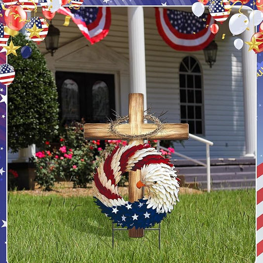 Amyhill 250th Anniversary Decorations, Patriotic Eagle Cross Metal Garden Stakes,4th of July Red White Blue Welcome Yard Signs, Flat Patriotic Outdoor Decor for Independence Day Patio Lawn Walkway