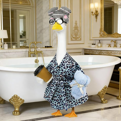 Lady Porch Goose Outfits,Bathrobe Porch Goose Statue Costume with Curlers Reading Glasses Coffee Cup Towel,Cute Goose Clothes for 23-Inch Cement Statue,Lawn Yard Garden Patio Decor（Leopard Print 02）