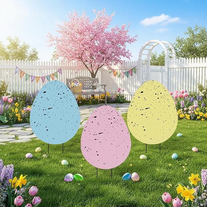 DoubleFill 3 Pcs Easter Decorations Outdoor 3D Metal Easter Eggs Tulip Yard Signs Decorative Garden Stakes Eggs Bunny Lawn Decorations Yard Decor for Spring Lawn Pathway Garden (Spotted Style)