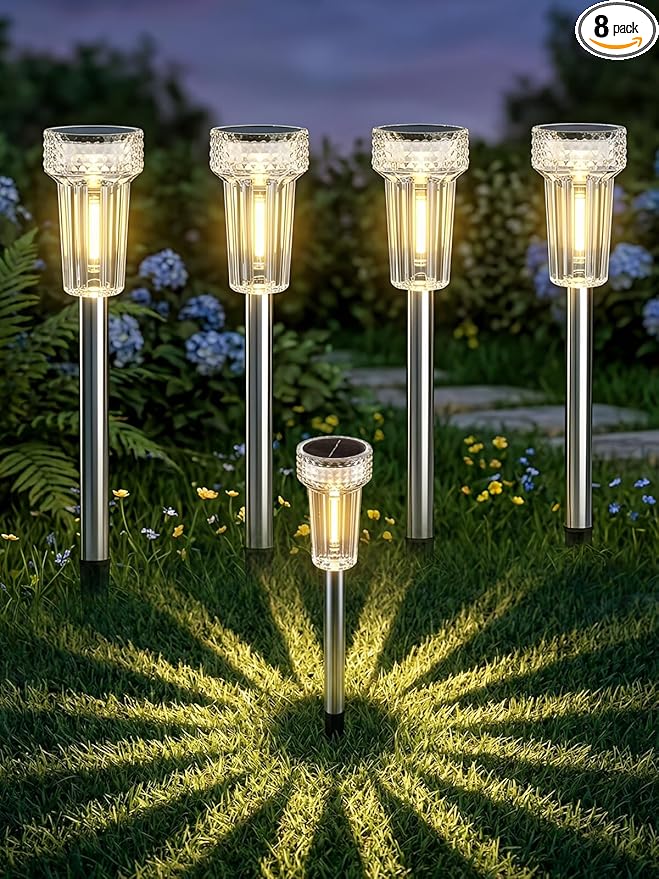 DERAYSION Solar Lights Outdoor, 8 Pack Solar Pathway Lights Dusk-to-Dawn Garden Lighting, Waterproof LED Stainless Steel Pole, Outdoor Solar Lights for Path Walkway Yard Driveway Decor - Warm White