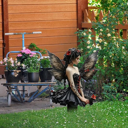 Flower Fairy Garden Stake Decor, 2D Flat Acrylic Elf Garden Sign with Stake, Fairy with Magic Sign for Indoor Outdoor Yard Lawn Balcony Pot Plants (Black Fairy)