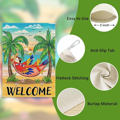 Welcome Summer Parrot Bird Decorative House Flag, Beach Coastal Tropical Palm Tree Garden Yard Outside Decorations, Hawaii Sunset Nautical Seasonal Outdoor Large Home Decor Double Sided 28 x 40