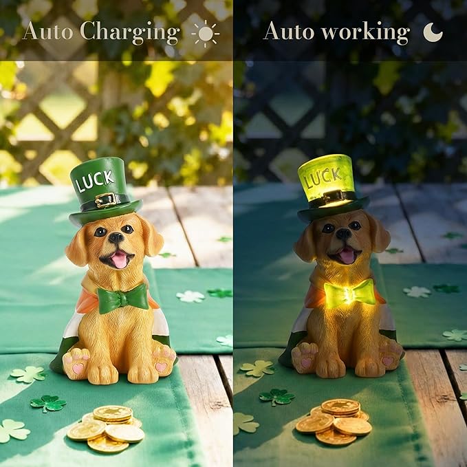 TERESA'S COLLECTIONS Saint Patrick's Day Decor, Dog Statue with Irish Costume and Solar Light, Waterproof Resin Garden Decor, Saint Patrick's Day Decor Gift for Party 8 Inch