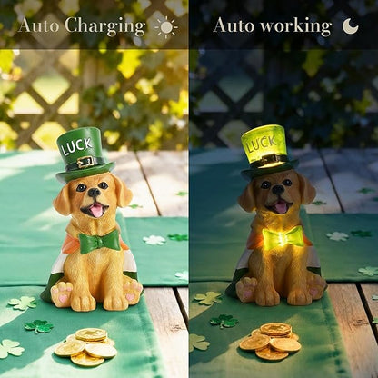 TERESA'S COLLECTIONS Saint Patrick's Day Decor, Dog Statue with Irish Costume and Solar Light, Waterproof Resin Garden Decor, Saint Patrick's Day Decor Gift for Party 8 Inch