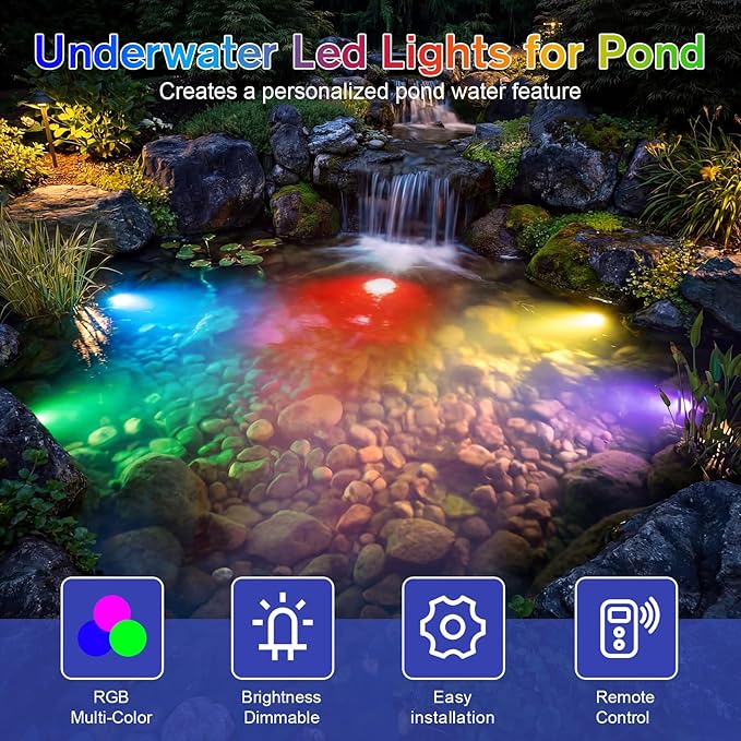 POPOSOAP RGB Underwater Pond Lights, IP68 Waterproof LED Pond Lights with Remote, Timer & Memory Function Fountain Lights for Pond Fountain Waterfall Aquarium Swimming Pool Outdoor Decoration 4-Head