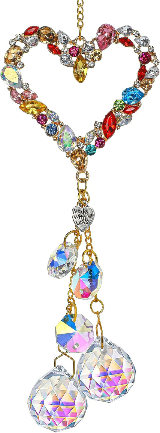 Heart-Shaped Colorful Crystal Rhinestones Suncatcher Window Hang Pendant, Rainbow Crystal Drops Ball Prisms Imitation Jewellery Ornament Gift