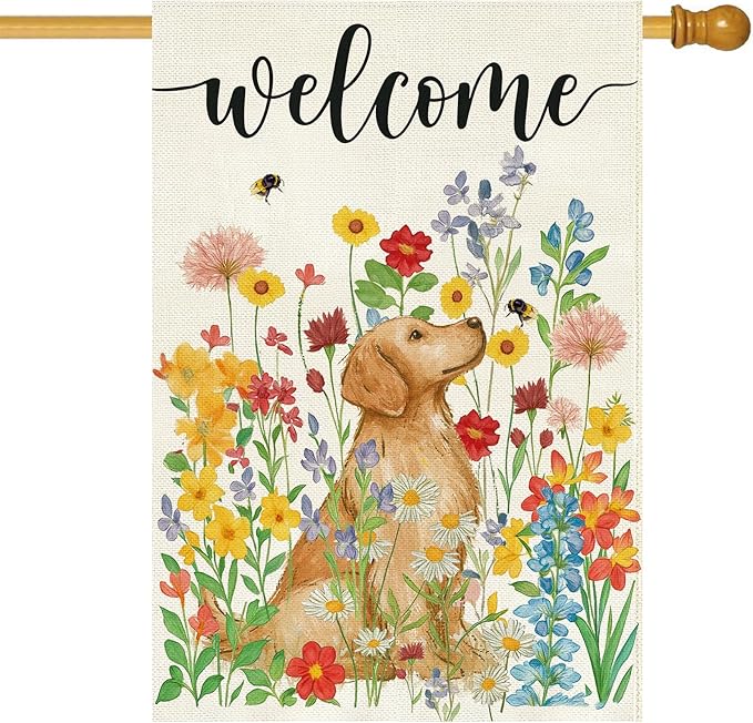 Baccessor Spring Summer Dog House Flag 28x40 Inch Double Sided Burlap, Floral Flowers Large Garden Flag Holiday Yard Porch Patio Farmhouse Outdoor Outside Decoration