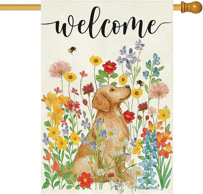 Baccessor Spring Summer Dog House Flag 28x40 Inch Double Sided Burlap, Floral Flowers Large Garden Flag Holiday Yard Porch Patio Farmhouse Outdoor Outside Decoration