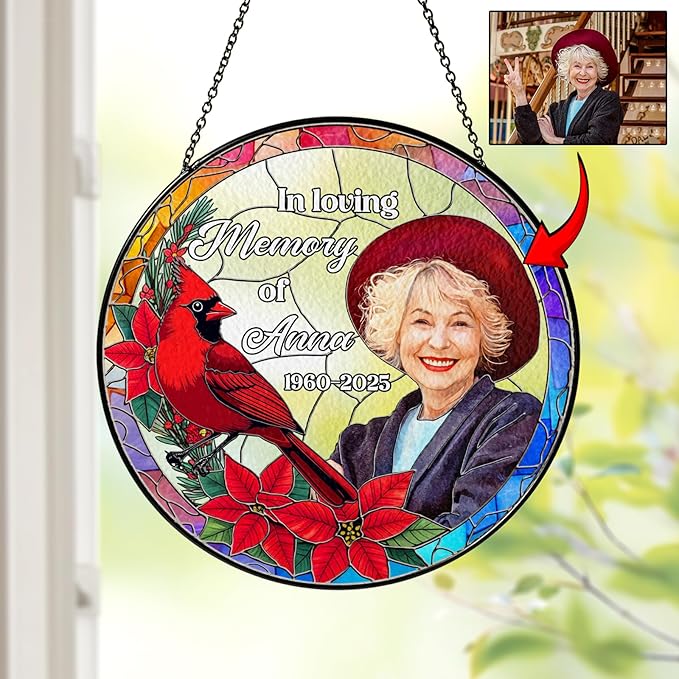 Personalized in Loving Memory Stained Glass Suncatcher, Custom Photo Window Hanging with Name & Date, Red Cardinal Suncatcher Remembrance for Loss of Loved One, Grandparent Memorial Gift