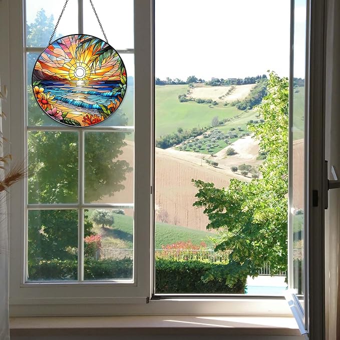 Beach Sunset Sun Catcher Stained Glass Window Hanging 6'', Beach Lovers Gifts for Women Kitchen Decor Landscape Decoration for Home Garden Housewarming Gifts